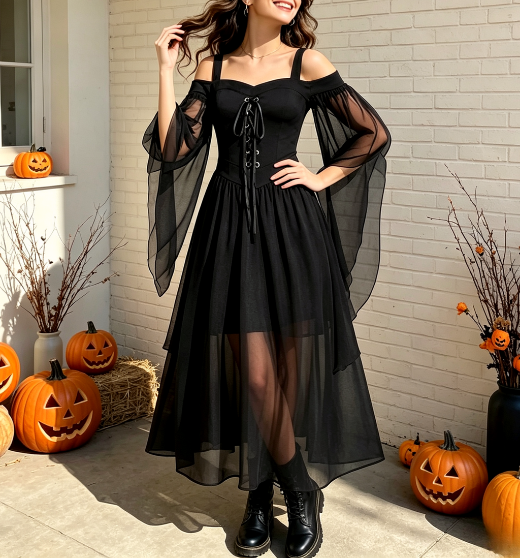 Sheer Mesh Bell Sleeve Lace Up Midi Dress - Black - 1