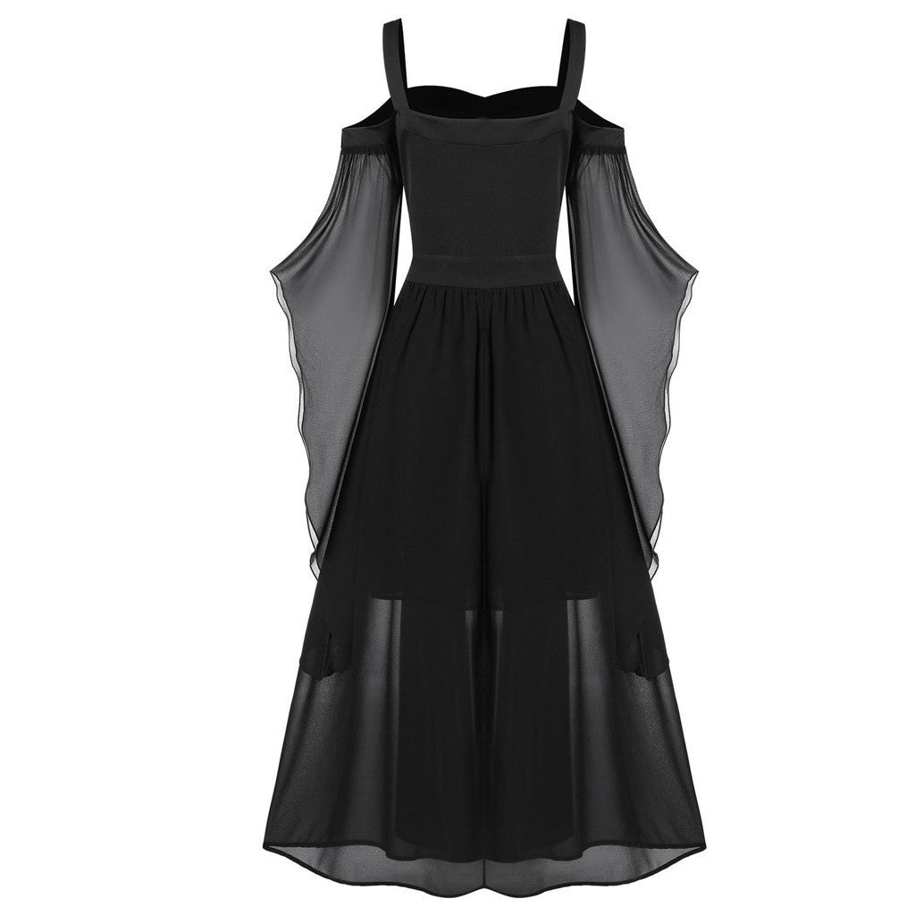 Sheer Mesh Bell Sleeve Lace Up Midi Dress - Black - 2