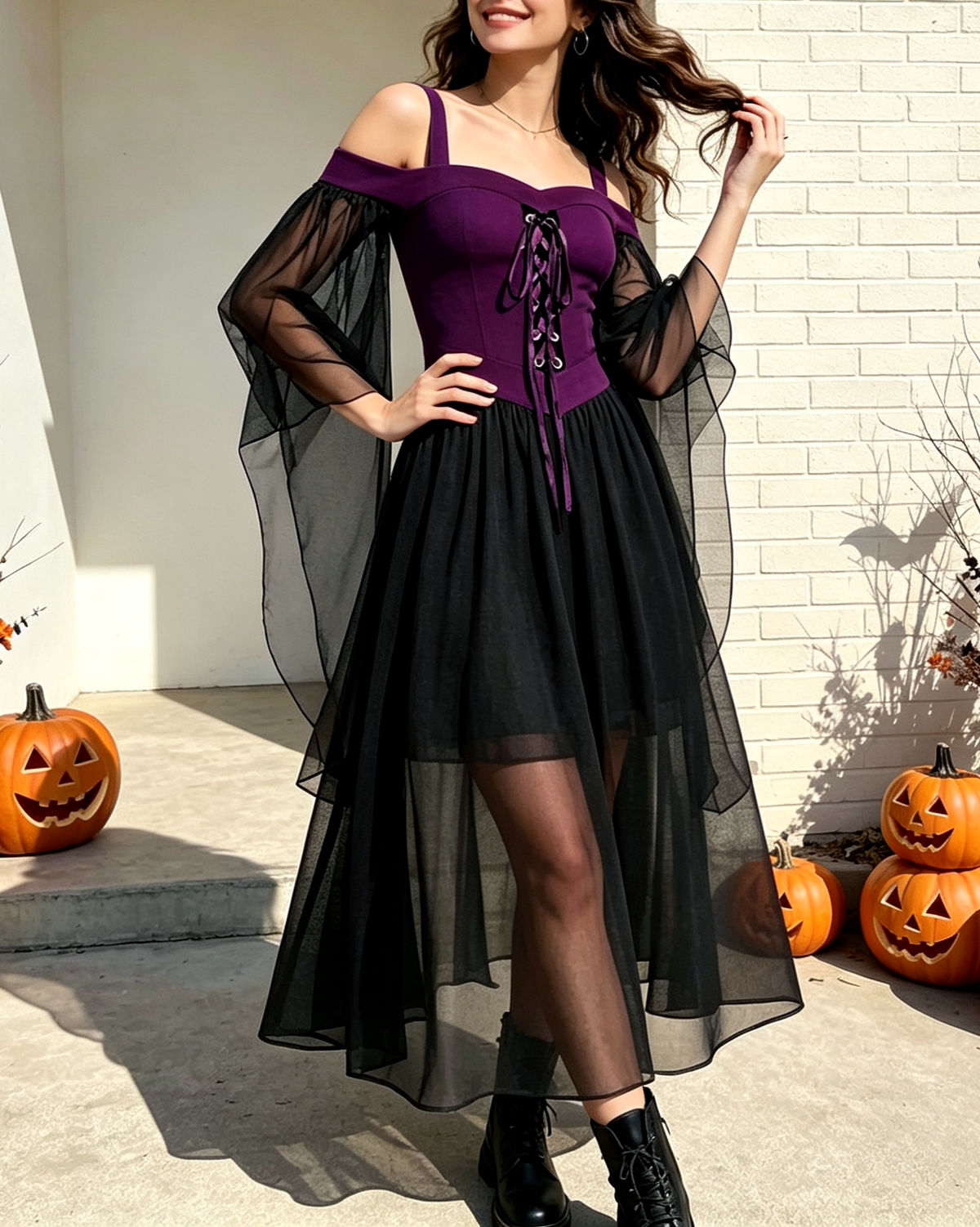 Sheer Mesh Bell Sleeve Lace Up Midi Dress - DPurple