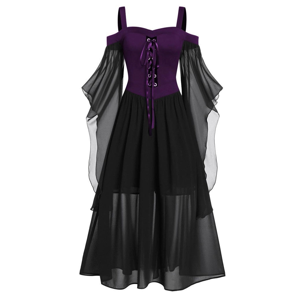 Sheer Mesh Bell Sleeve Lace Up Midi Dress - DPurple - 1
