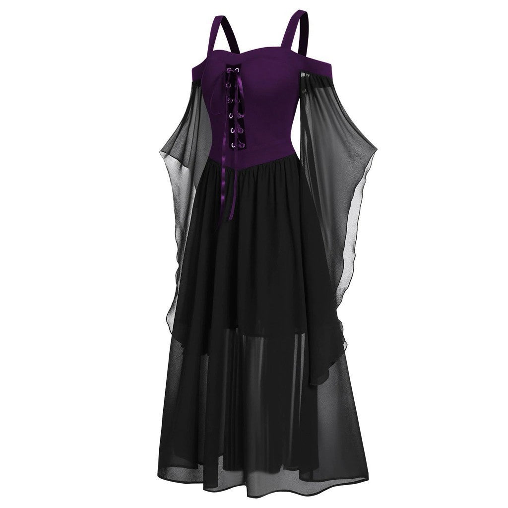 Sheer Mesh Bell Sleeve Lace Up Midi Dress - DPurple - 2