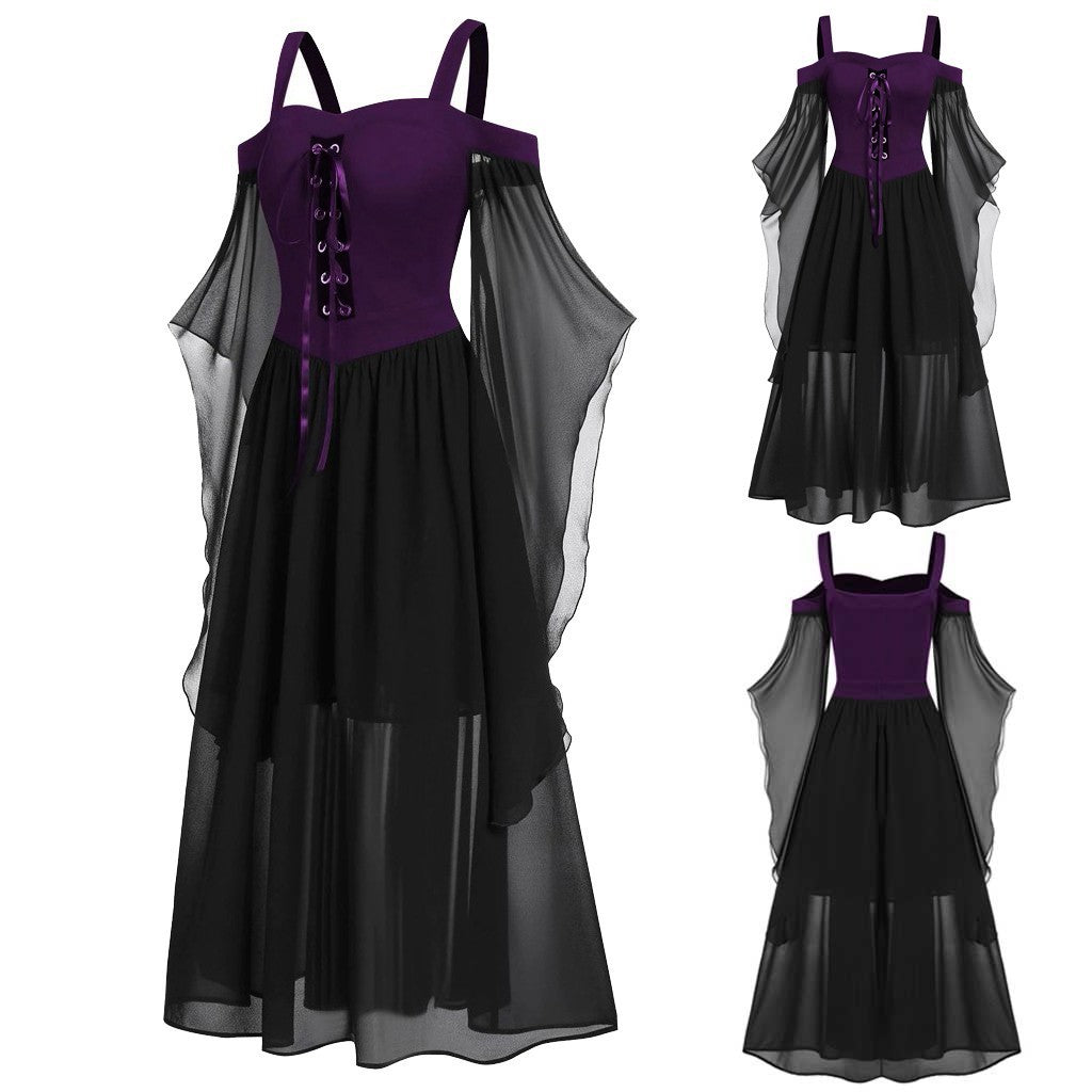 Sheer Mesh Bell Sleeve Lace Up Midi Dress - DPurple - 4