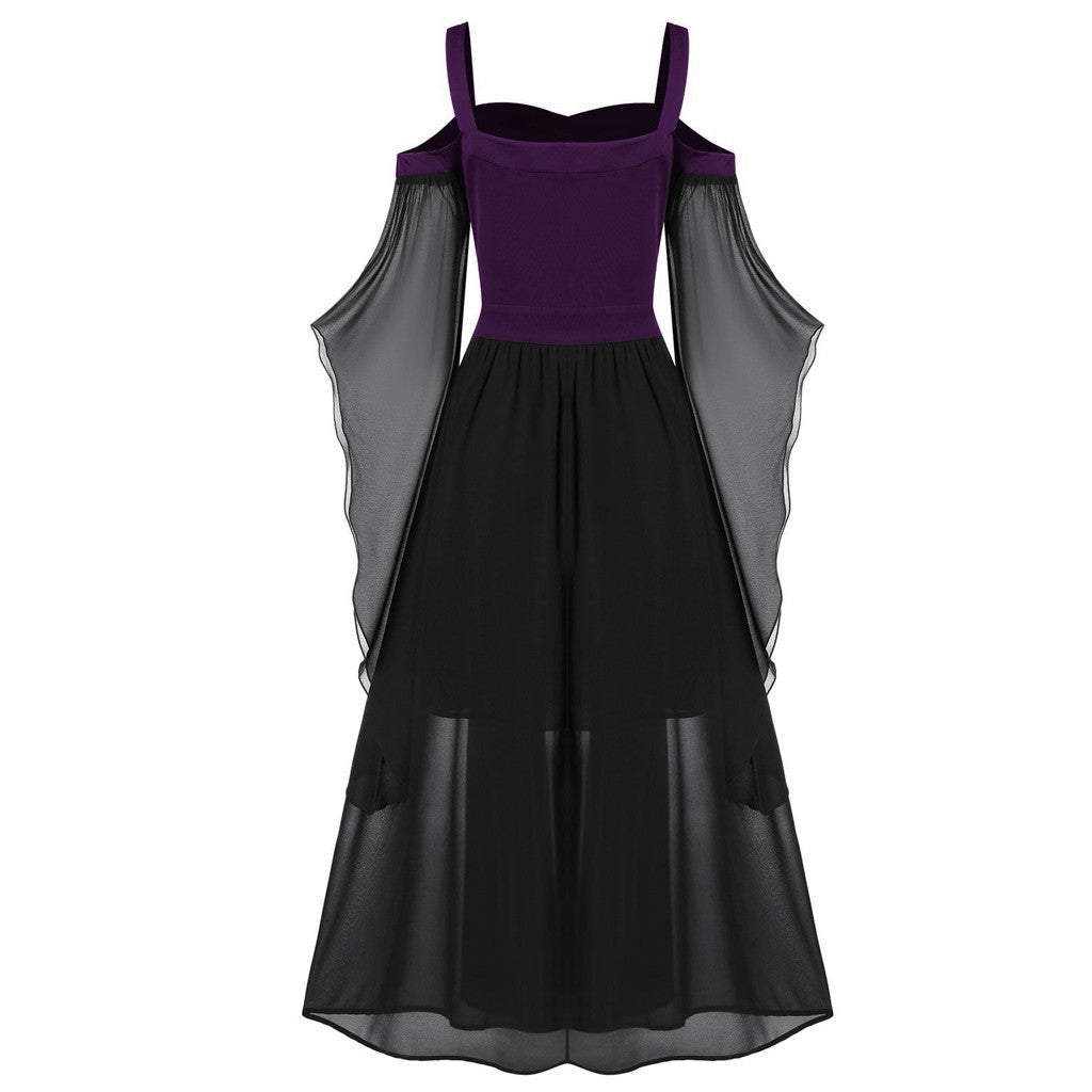 Sheer Mesh Bell Sleeve Lace Up Midi Dress - DPurple - 5