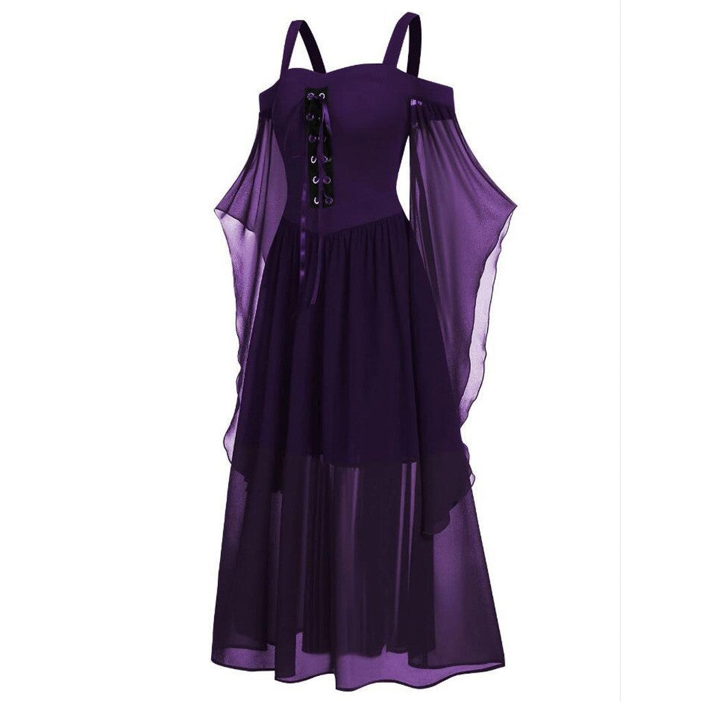 Sheer Mesh Bell Sleeve Lace Up Midi Dress - Purple