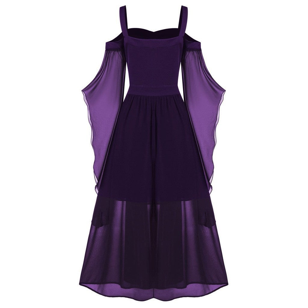 Sheer Mesh Bell Sleeve Lace Up Midi Dress - Purple - 1