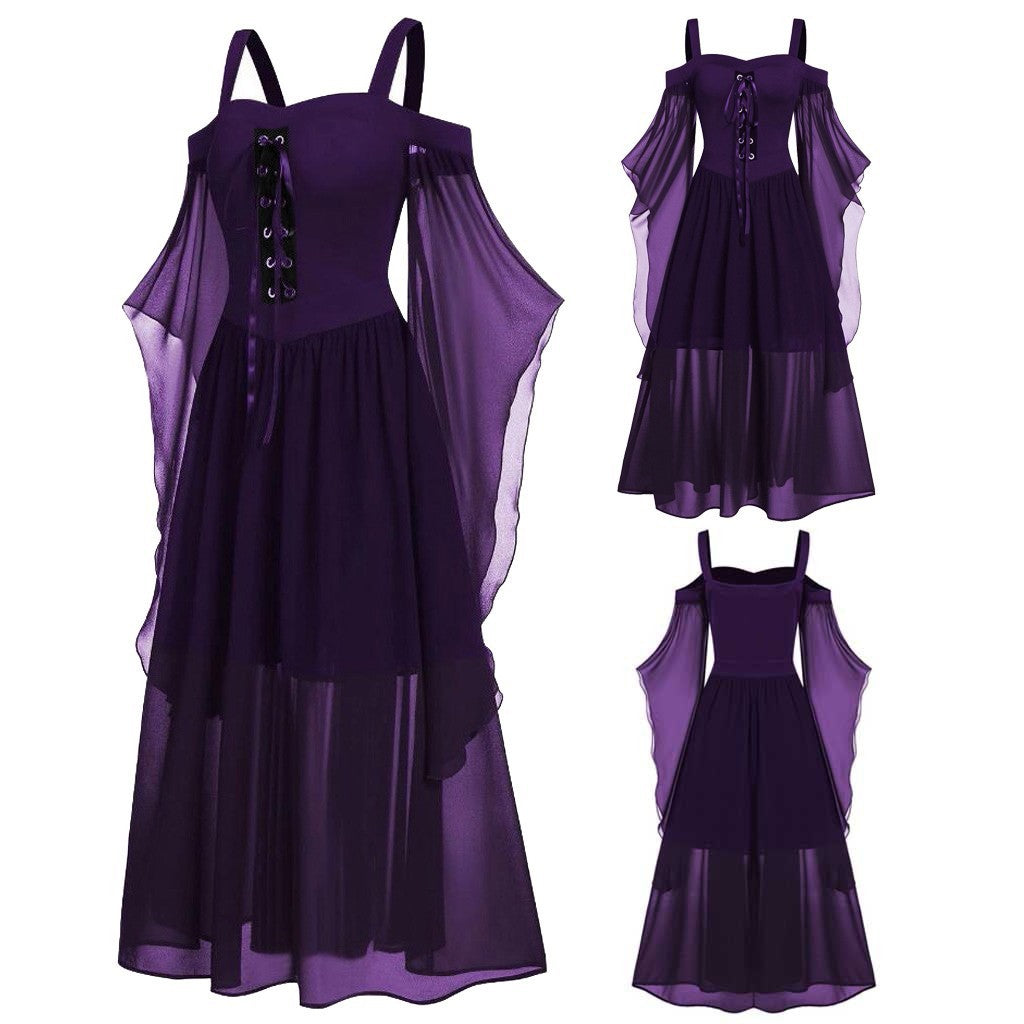 Sheer Mesh Bell Sleeve Lace Up Midi Dress - Purple - 2