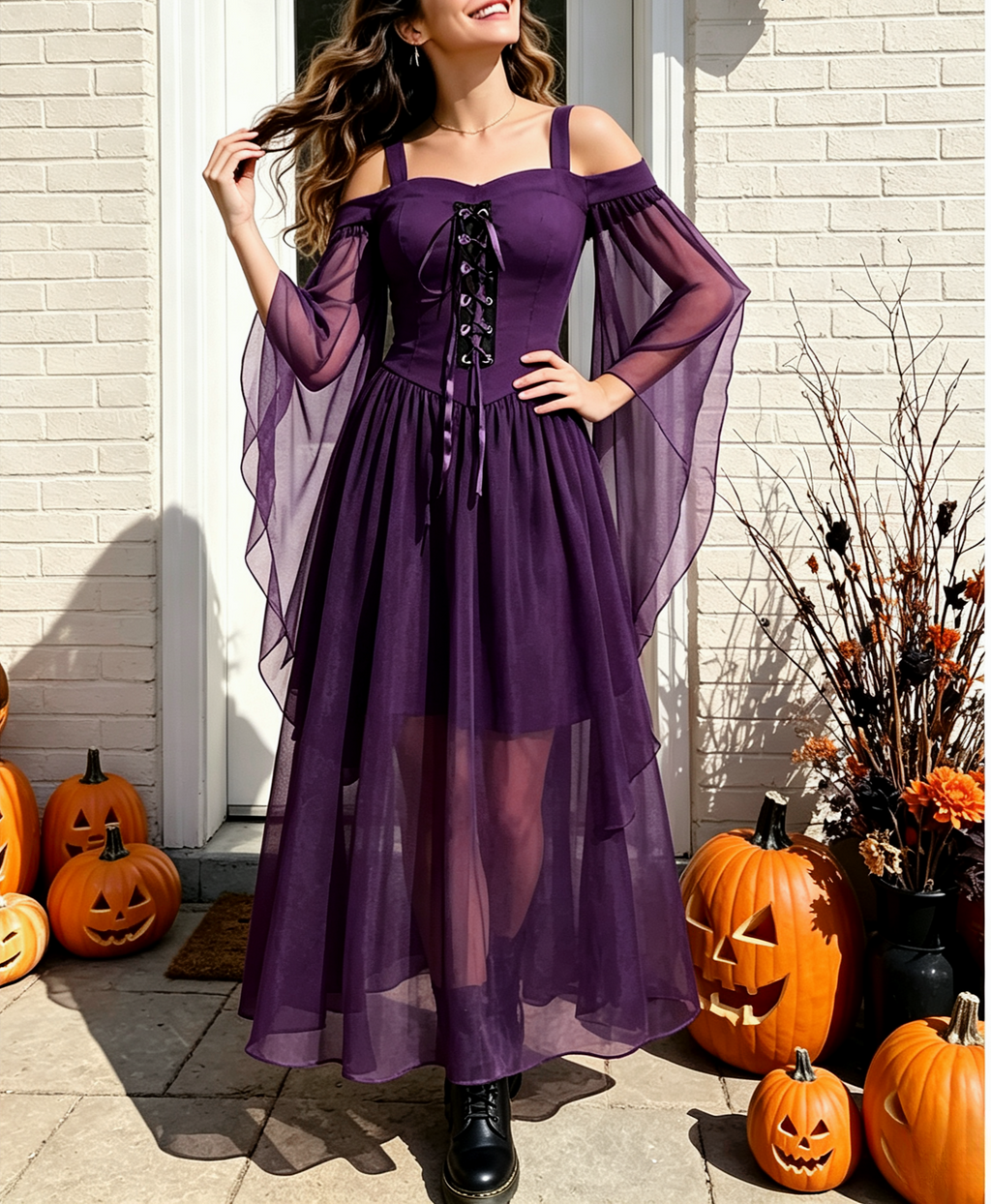 Sheer Mesh Bell Sleeve Lace Up Midi Dress - Purple - 3