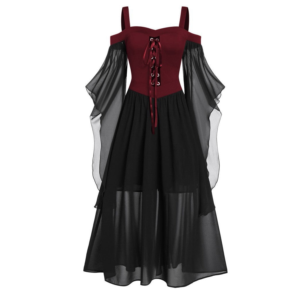 Sheer Mesh Bell Sleeve Lace Up Midi Dress - Wine_red