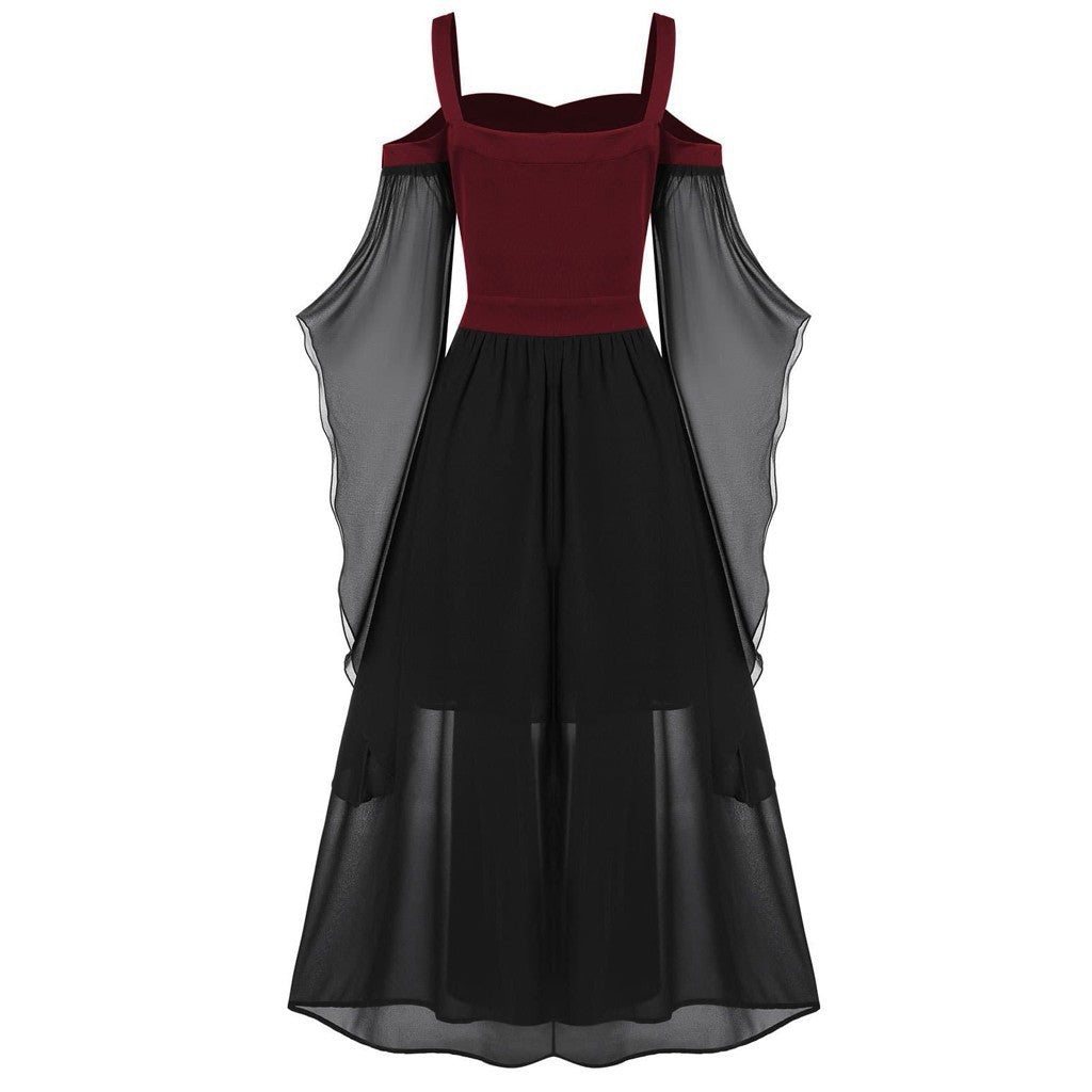 Sheer Mesh Bell Sleeve Lace Up Midi Dress - Wine_red - 1