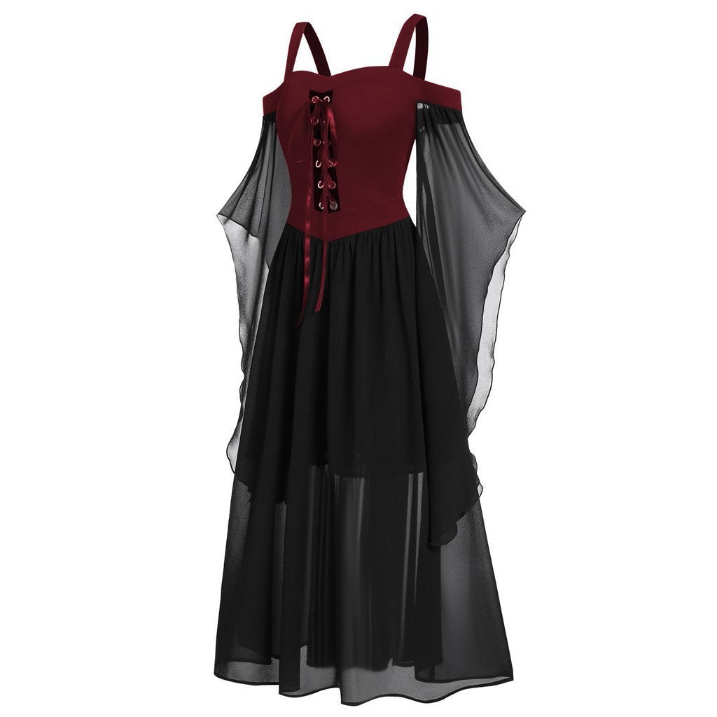 Sheer Mesh Bell Sleeve Lace Up Midi Dress - Wine_red - 2