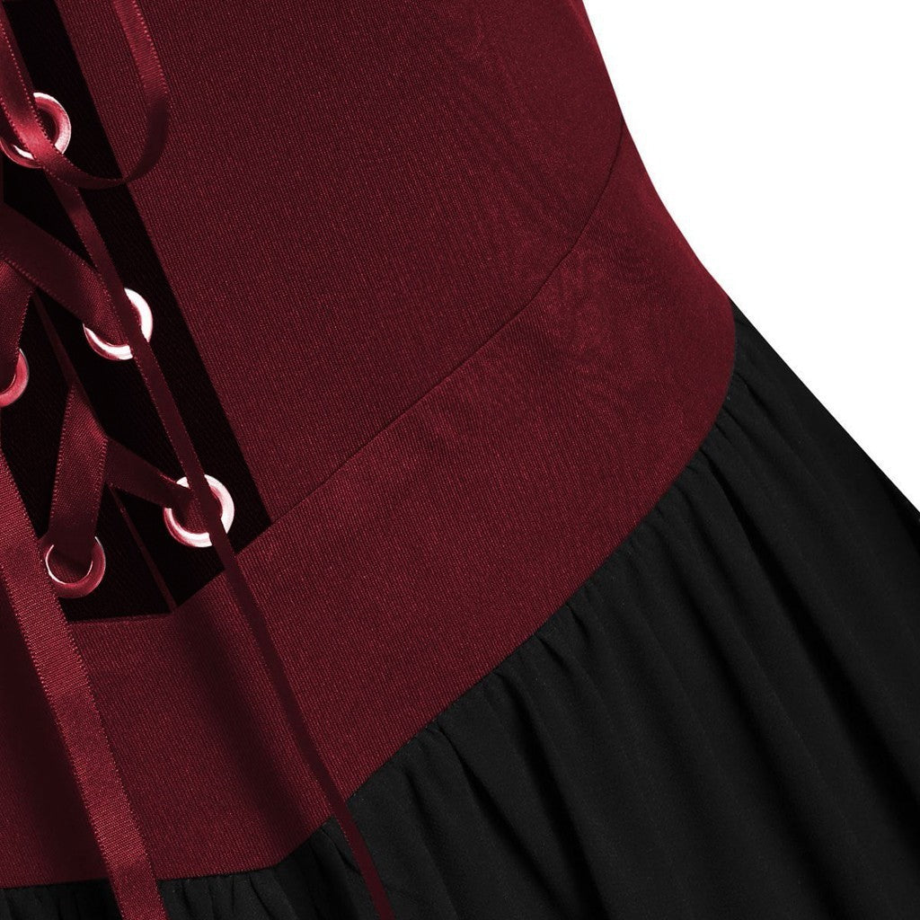 Sheer Mesh Bell Sleeve Lace Up Midi Dress - Wine_red - 4