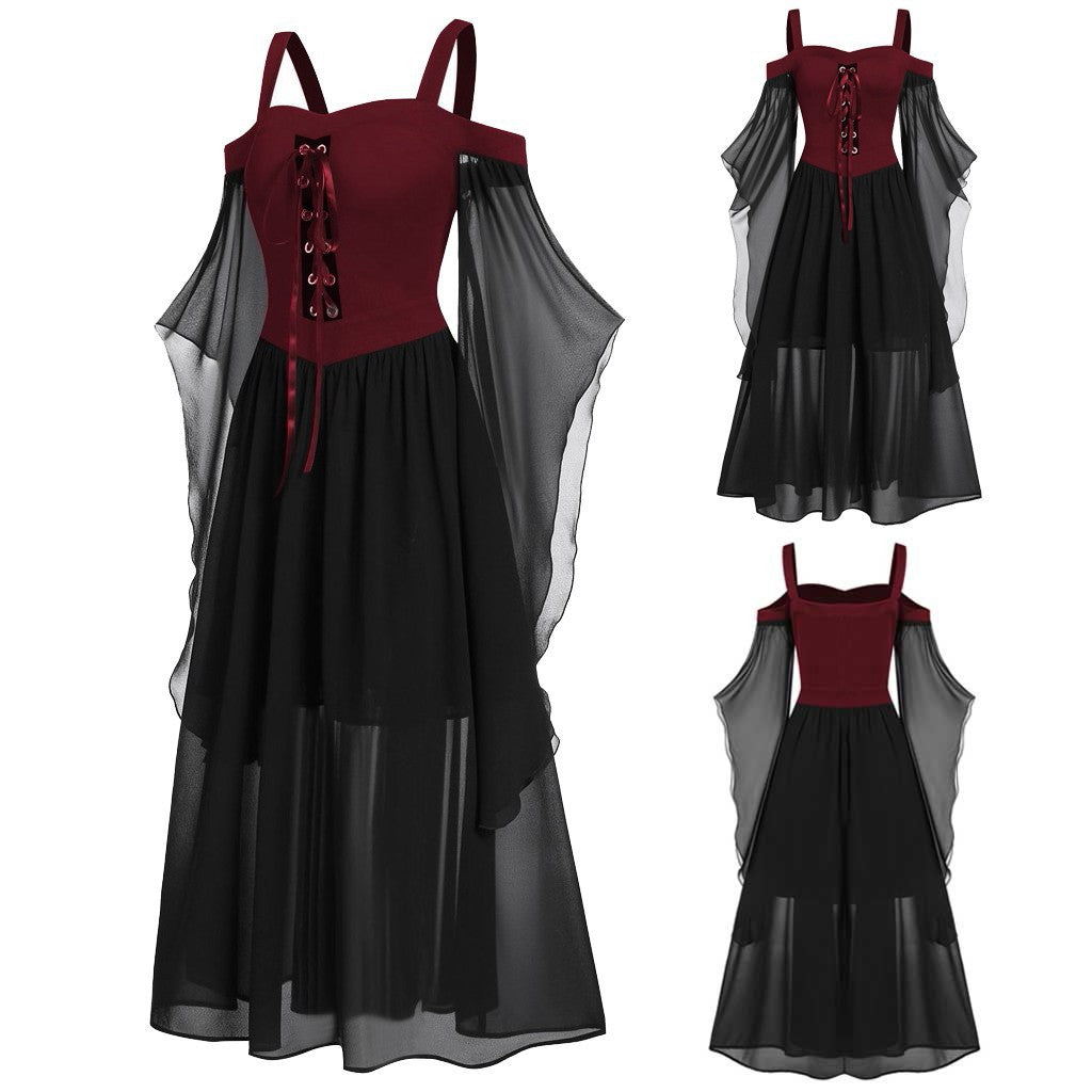 Sheer Mesh Bell Sleeve Lace Up Midi Dress - Wine_red - 5
