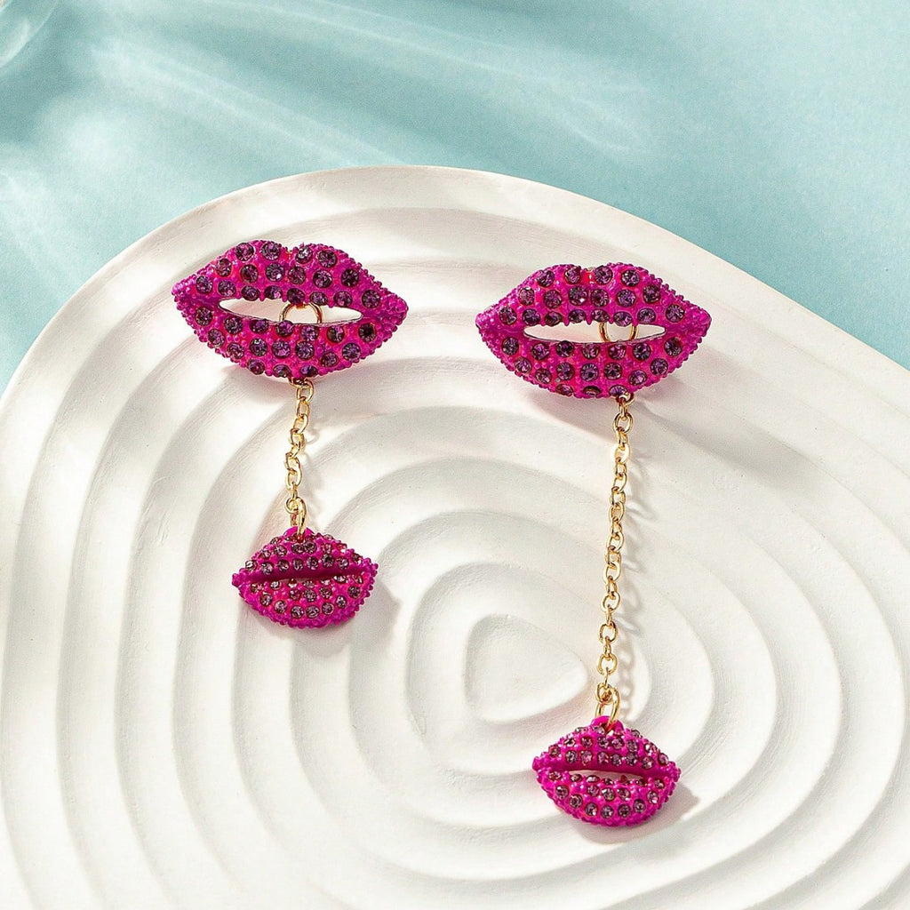 Rhinestone Lips Asymmetric Dangle Earrings - Color - 2