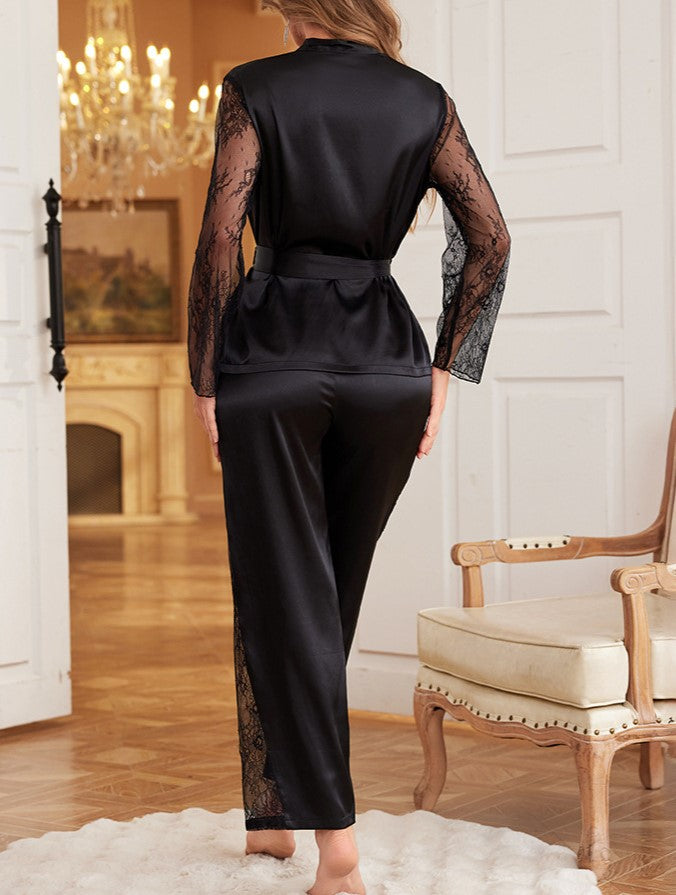 Lace Sleeve Satin Wrap Pajama Set - Black - 1