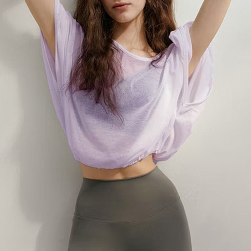 Sheer Open Back Batwing Cropped Yoga Cover Up Top - Lavender