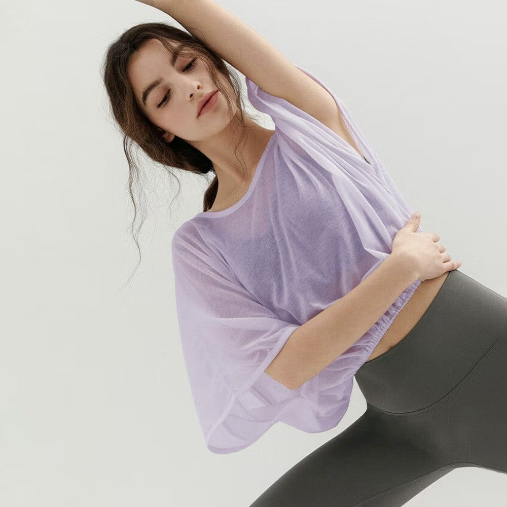 Sheer Open Back Batwing Cropped Yoga Cover Up Top