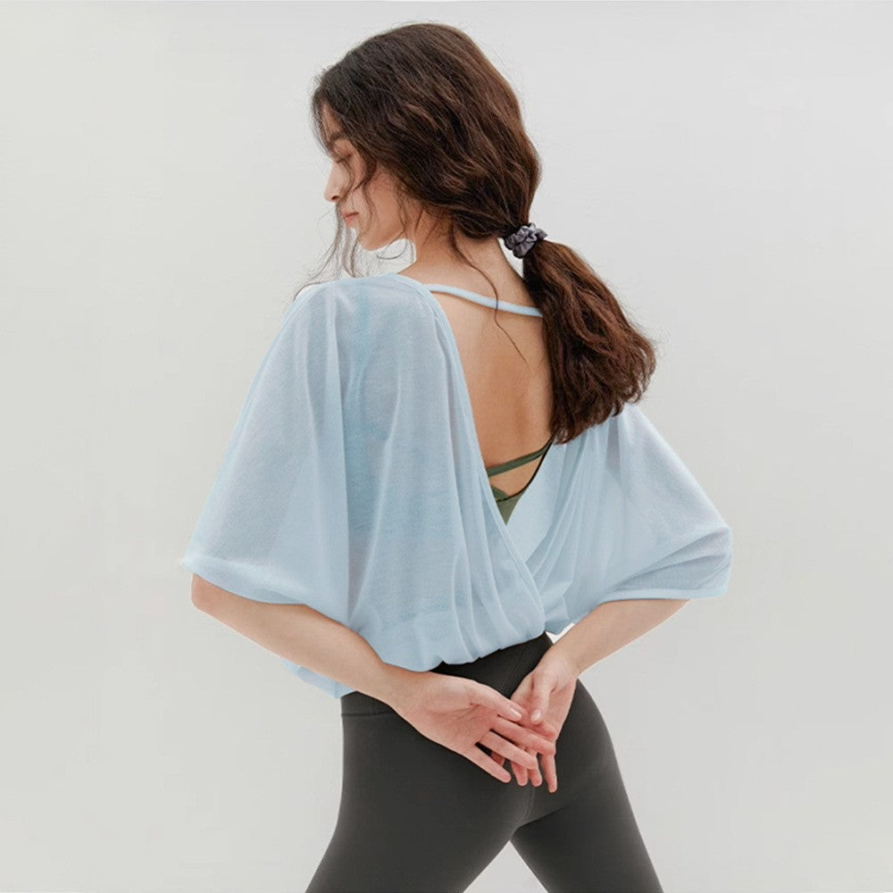 Sheer Open Back Batwing Cropped Yoga Cover Up Top
