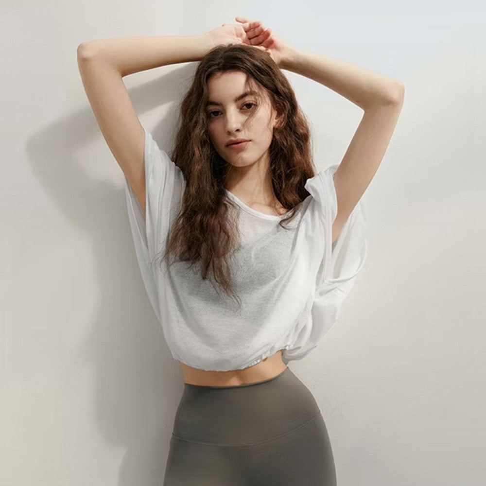 Sheer Open Back Batwing Cropped Yoga Cover Up Top
