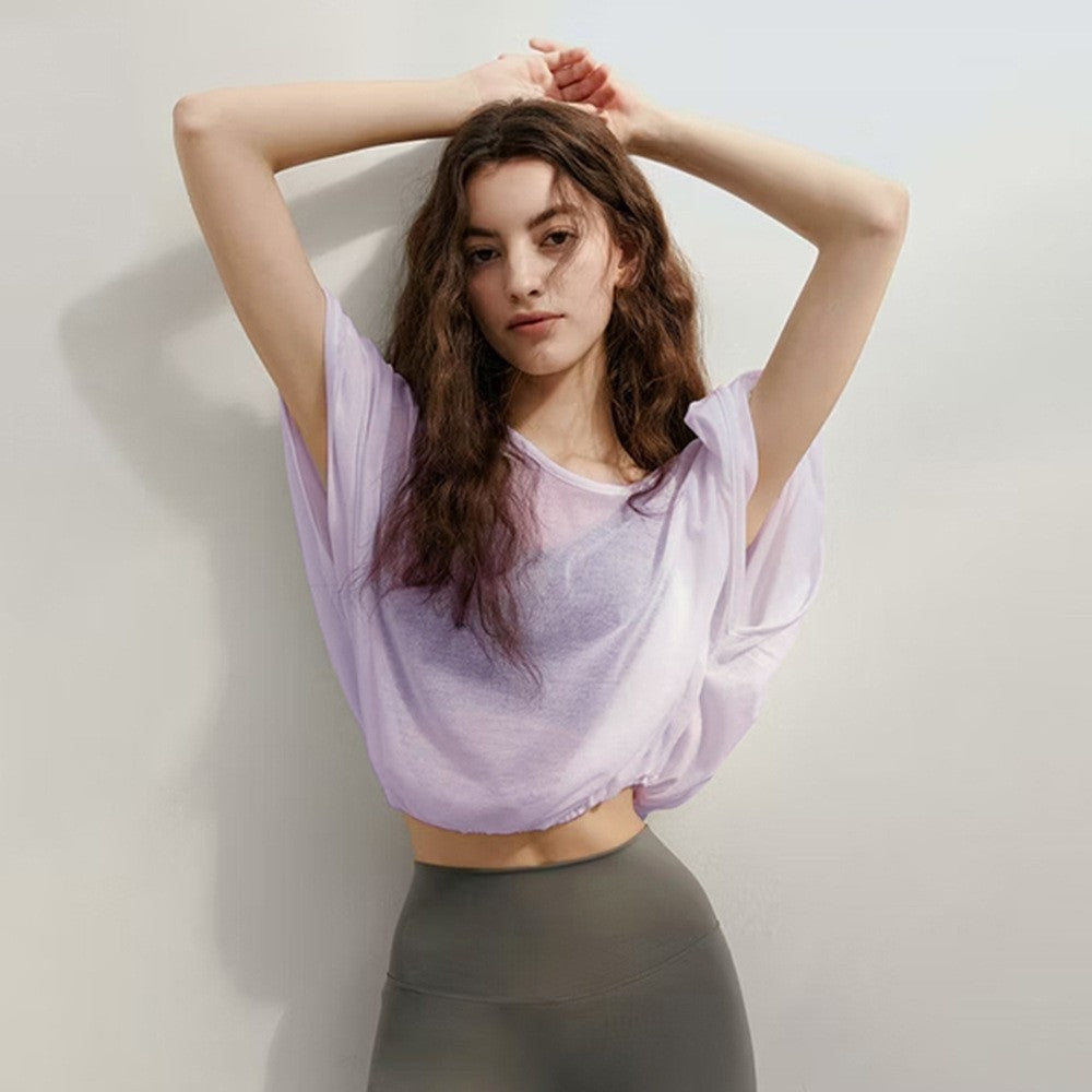 Sheer Open Back Batwing Cropped Yoga Cover Up Top