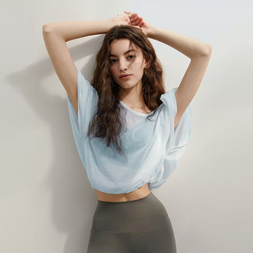 Sheer Open Back Batwing Cropped Yoga Cover Up Top