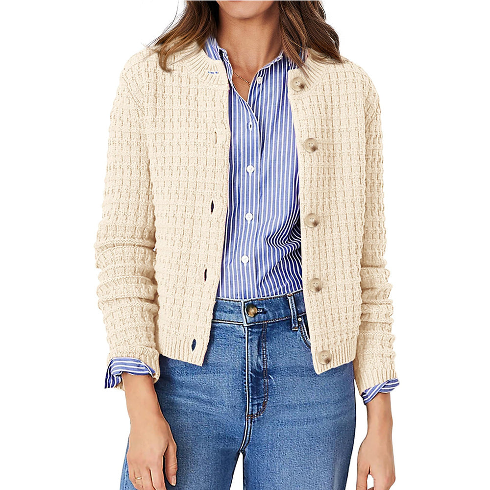 Textured Waffle Knit Button Cardigan - Apricot