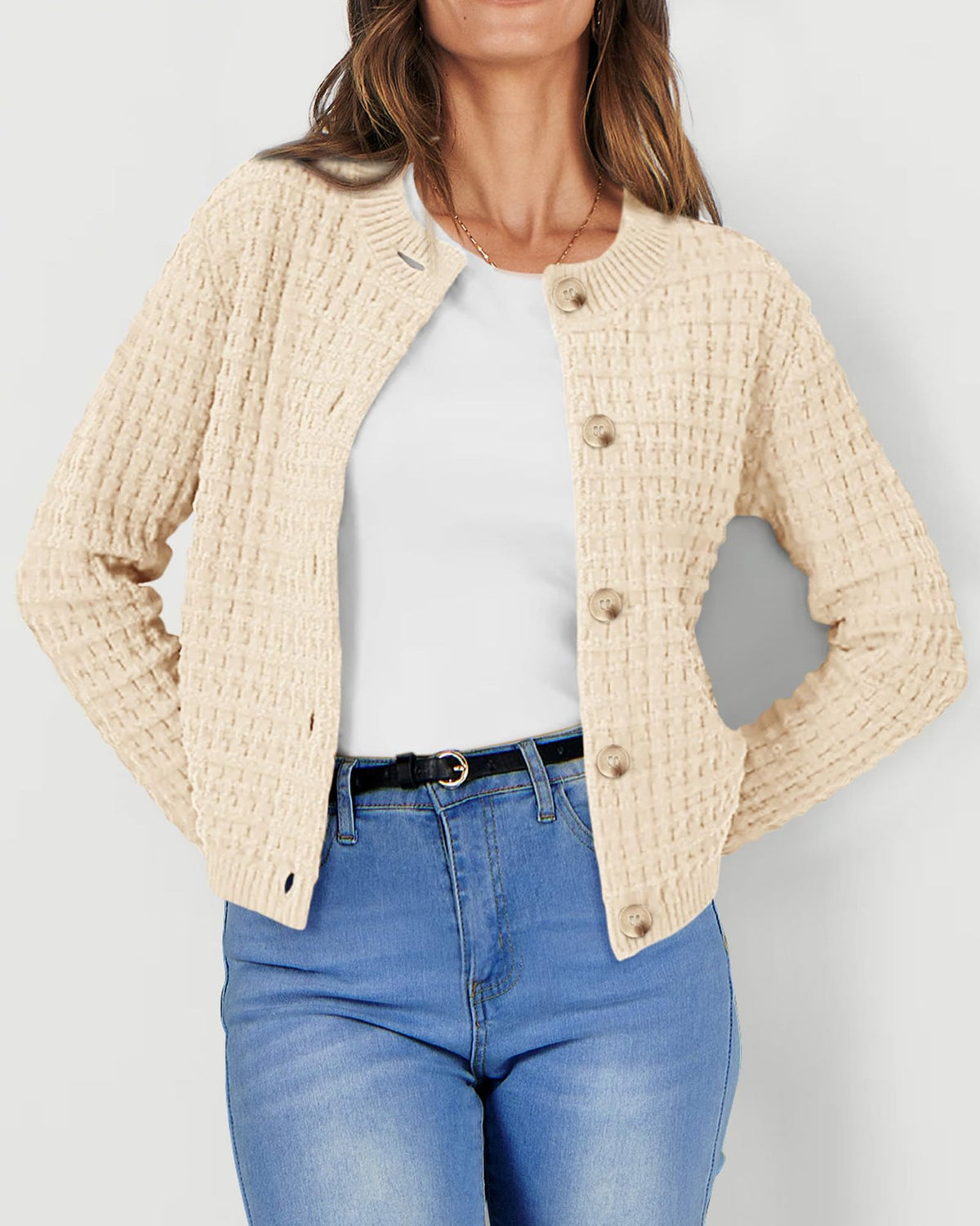 Textured Waffle Knit Button Cardigan - Apricot - 1