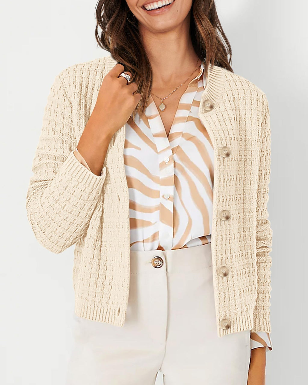 Textured Waffle Knit Button Cardigan - Apricot - 2