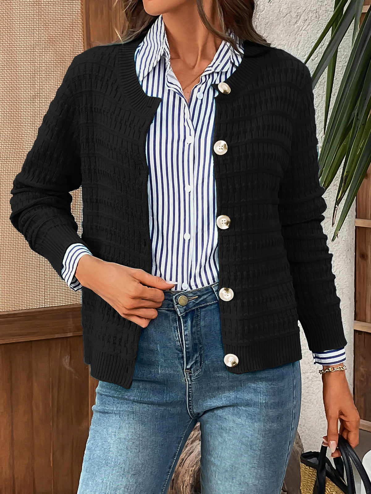 Textured Waffle Knit Button Cardigan - Black