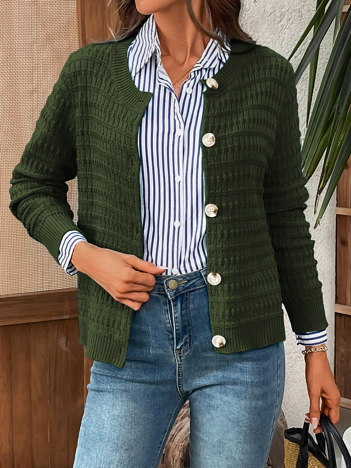 Textured Waffle Knit Button Cardigan - Green