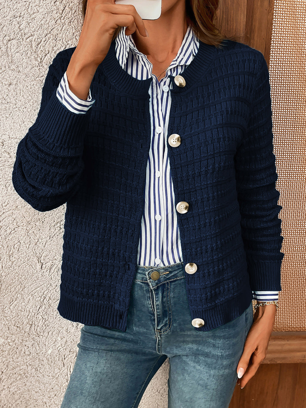 Textured Waffle Knit Button Cardigan - Navy