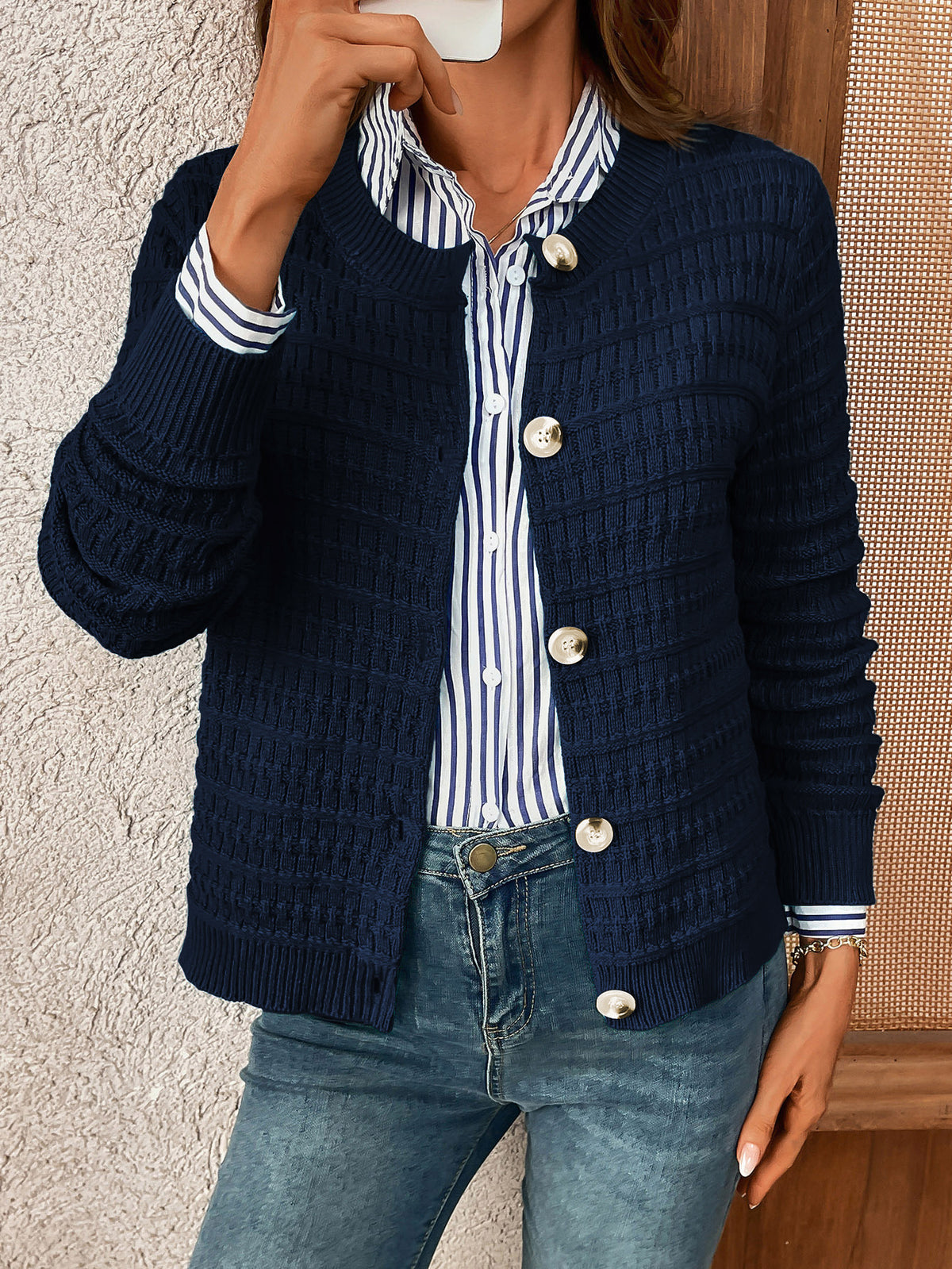 Textured Waffle Knit Button Cardigan - Navy