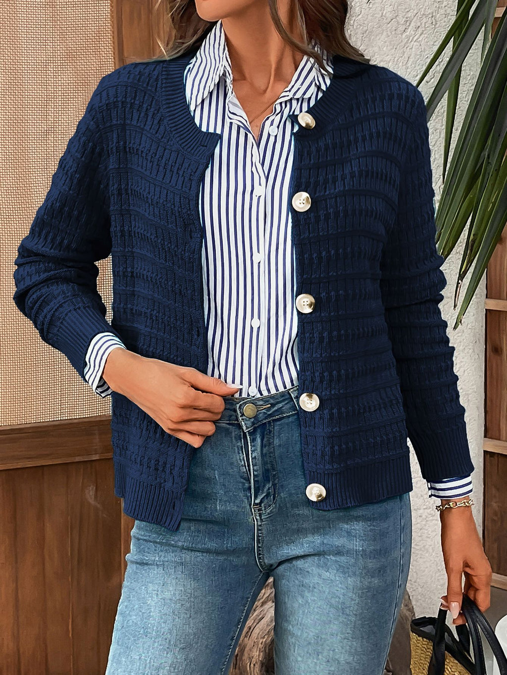 Textured Waffle Knit Button Cardigan - Navy - 1