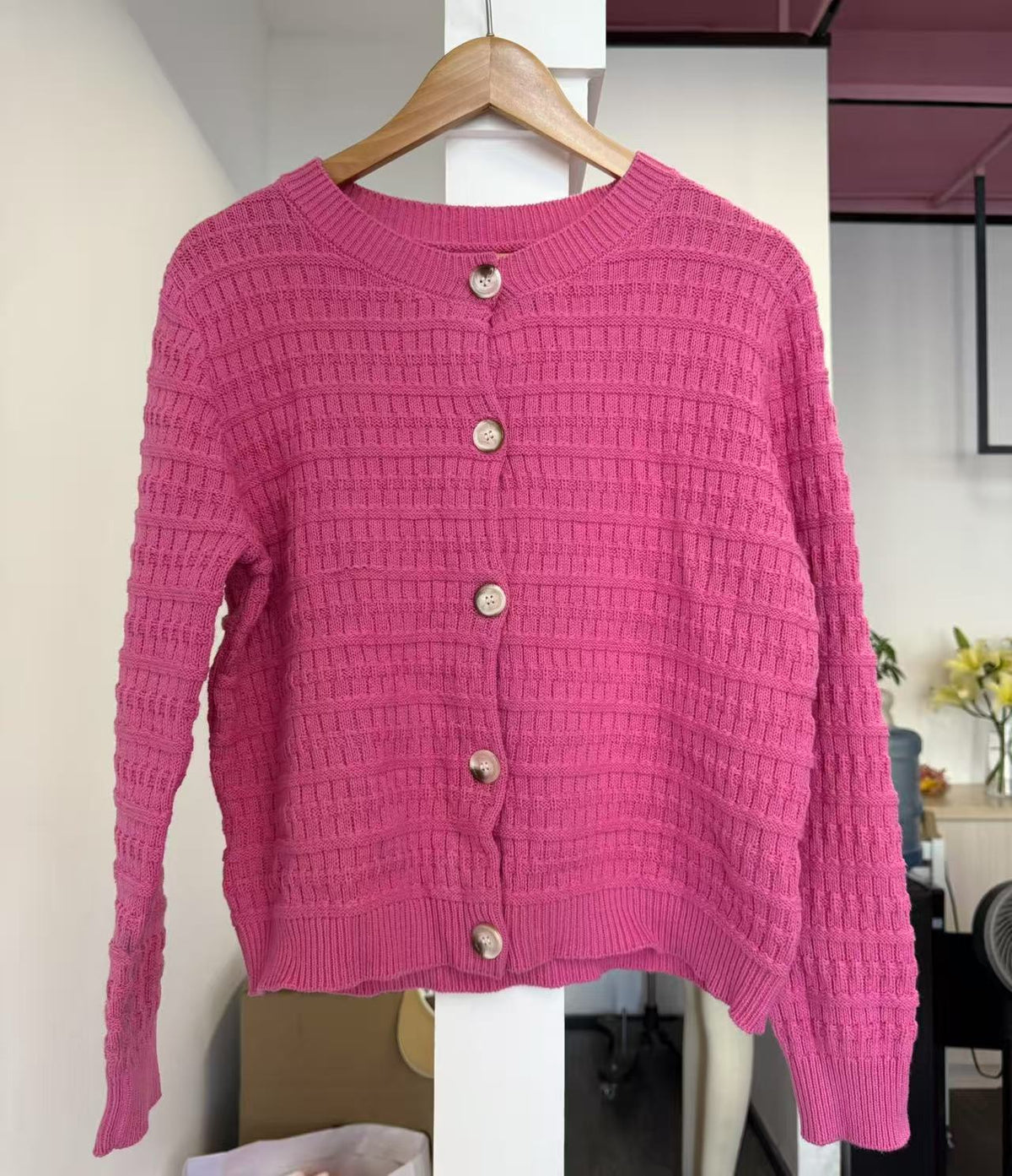 Textured Waffle Knit Button Cardigan - Rose