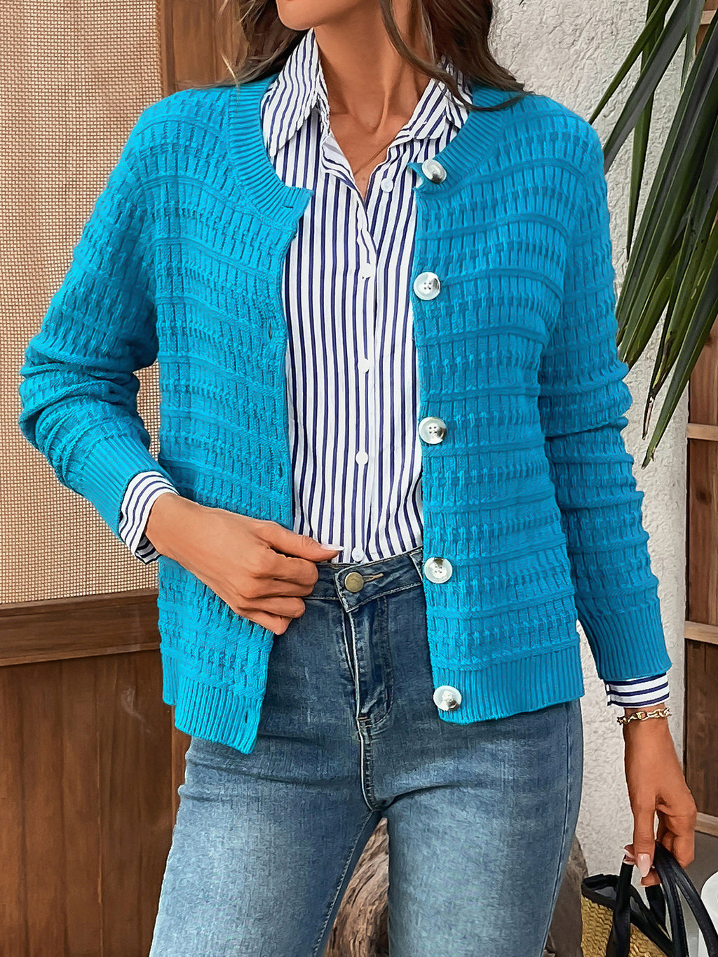 Textured Waffle Knit Button Cardigan - Teal