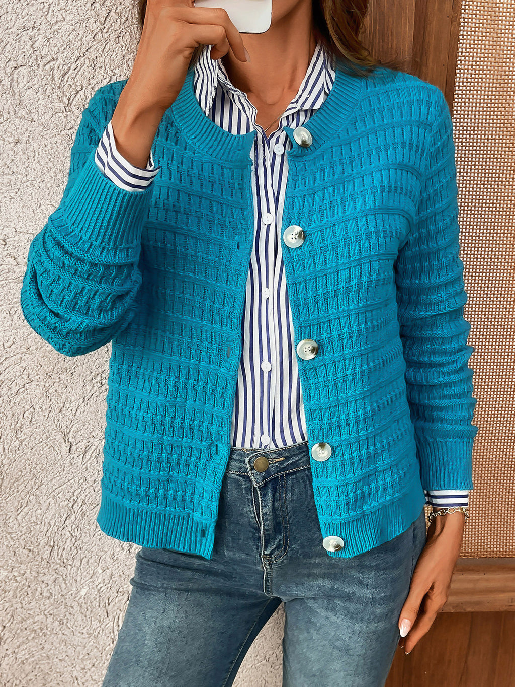 Textured Waffle Knit Button Cardigan - Teal - 2