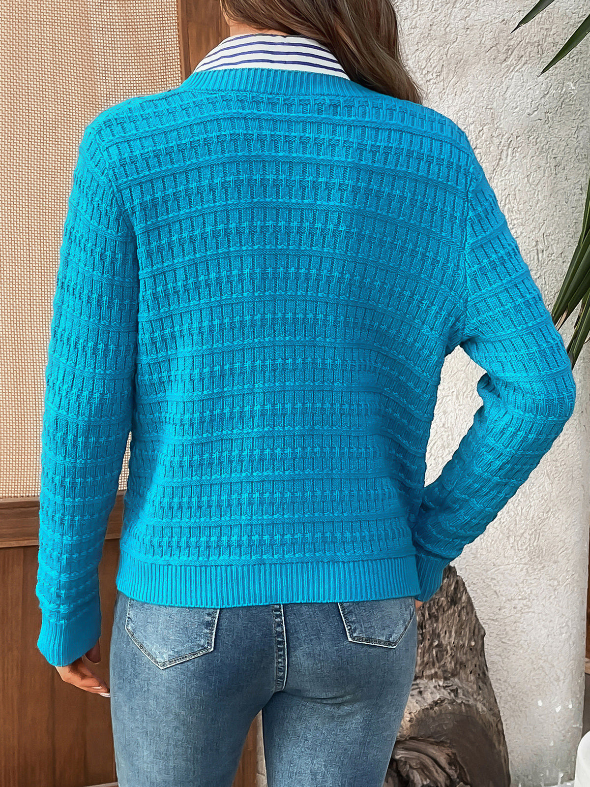Textured Waffle Knit Button Cardigan - Teal - 4
