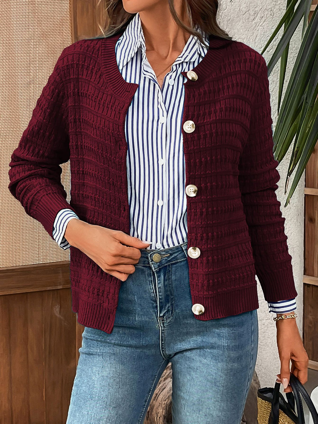 Textured Waffle Knit Button Cardigan - Wine