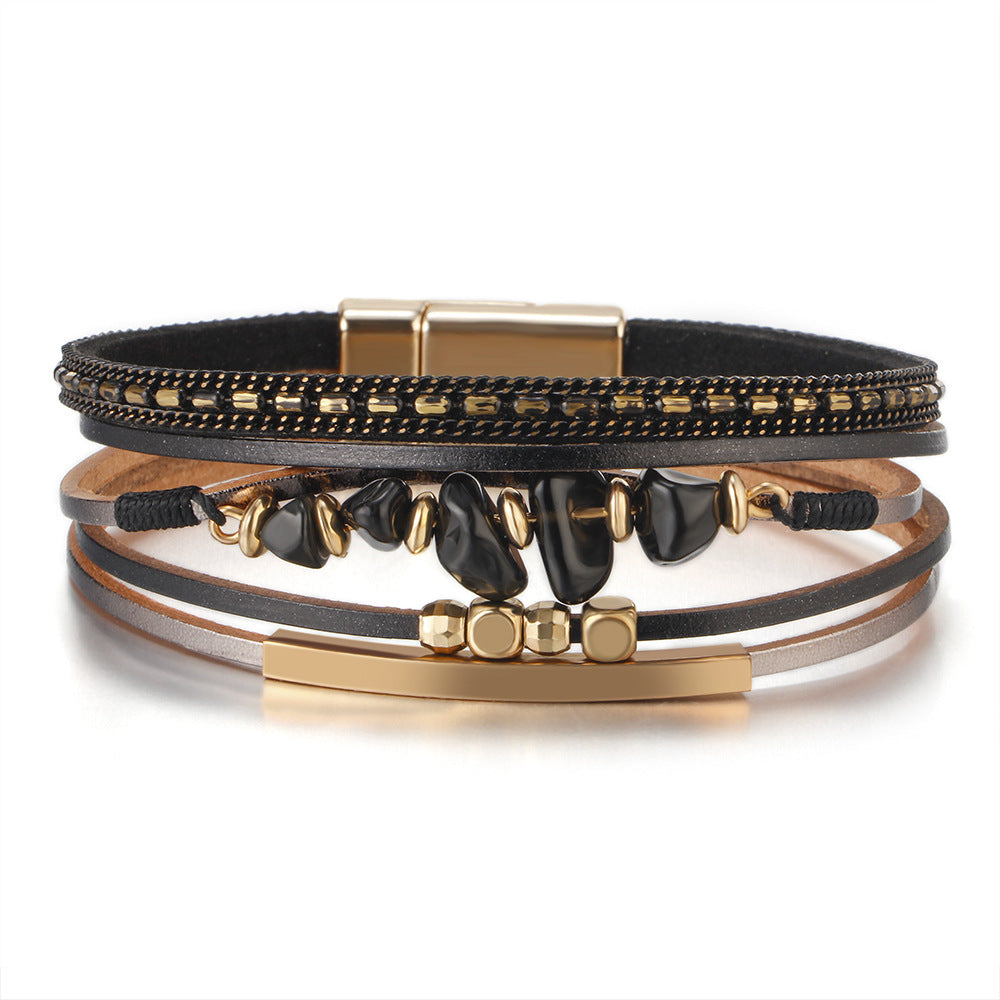 Stone Beaded Leather Wrap Bracelet - Black