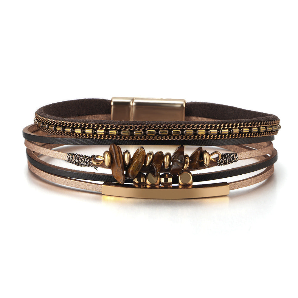 Stone Beaded Leather Wrap Bracelet - Brown