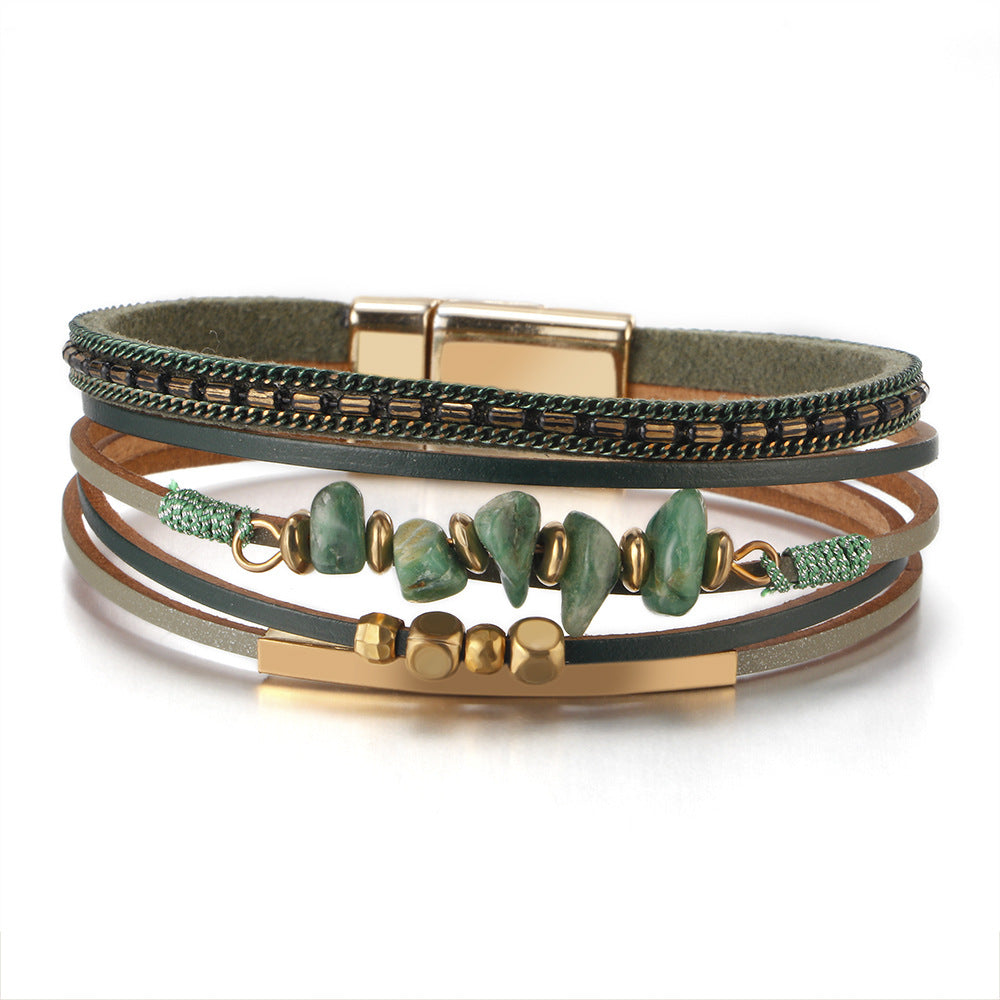 Stone Beaded Leather Wrap Bracelet - Green