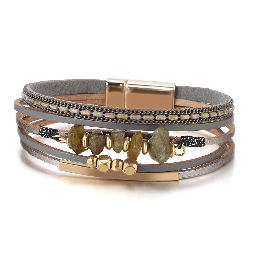 Stone Beaded Leather Wrap Bracelet - Grey