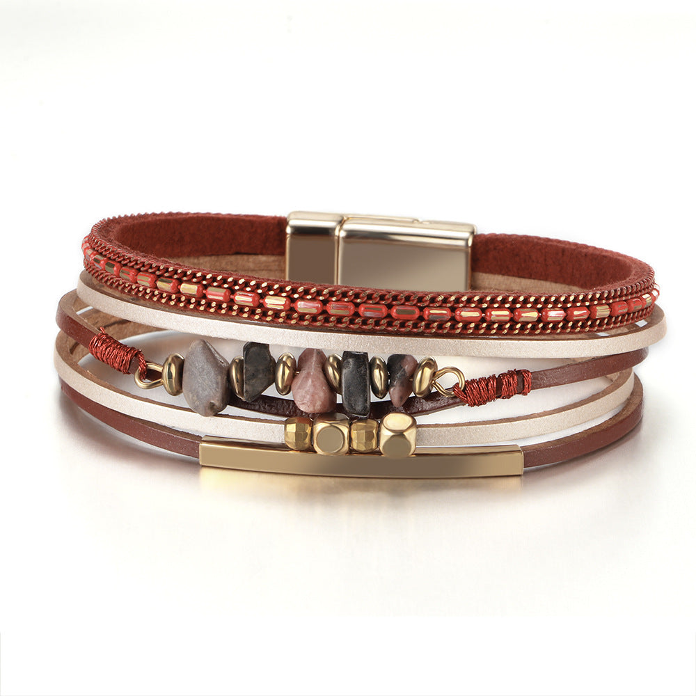 Stone Beaded Leather Wrap Bracelet - Red