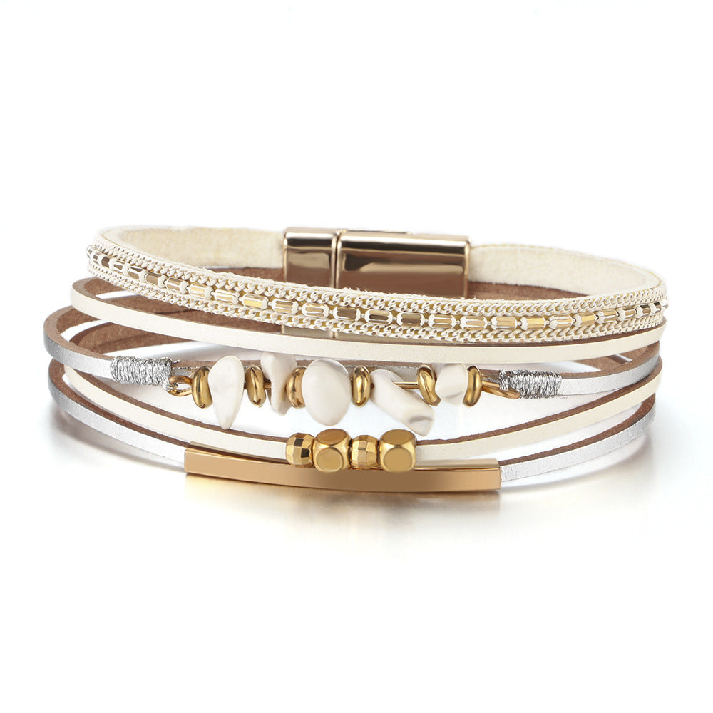 Stone Beaded Leather Wrap Bracelet - White