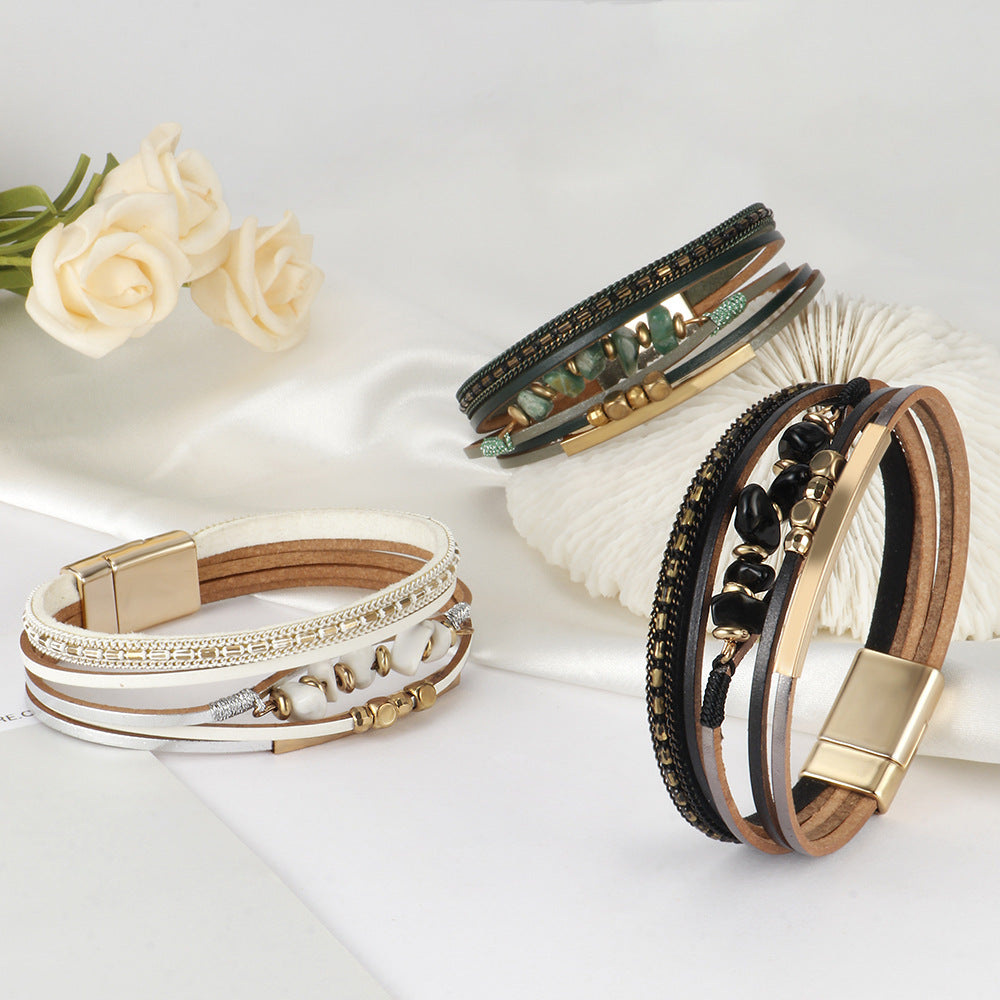 Stone Beaded Leather Wrap Bracelet