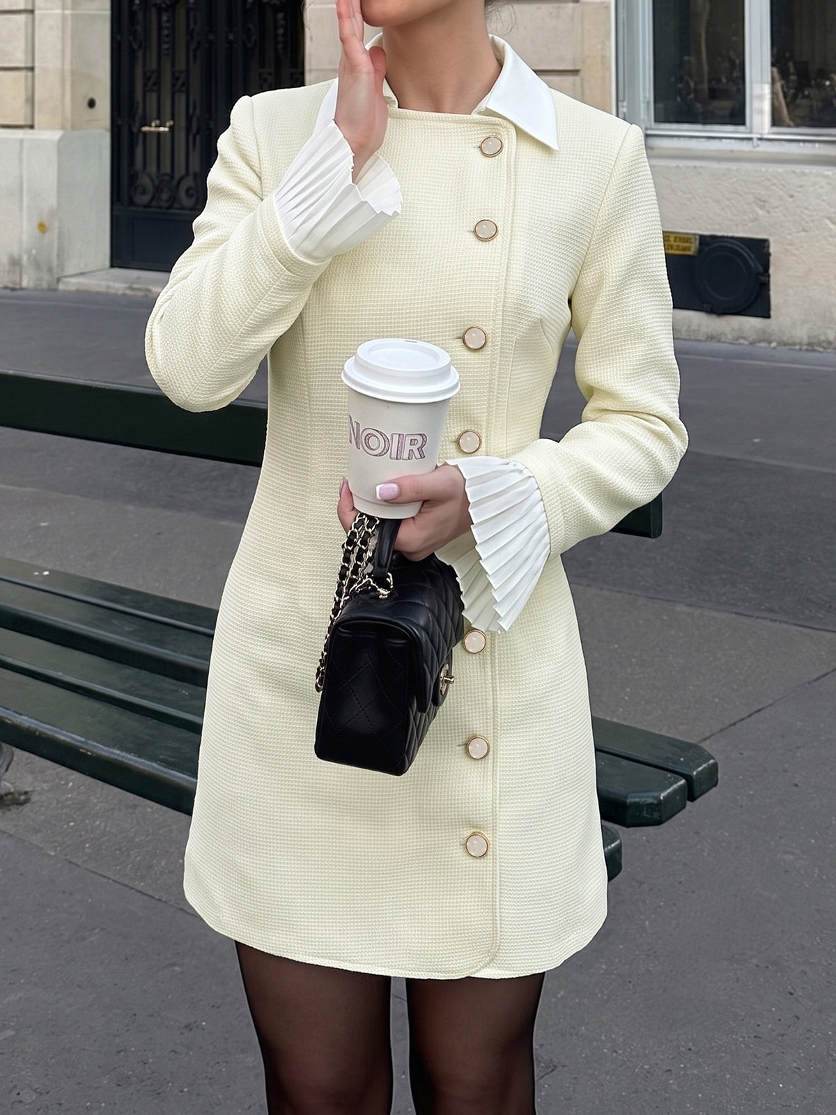 Textured Mini Dress With Contrast Collar - Apricot