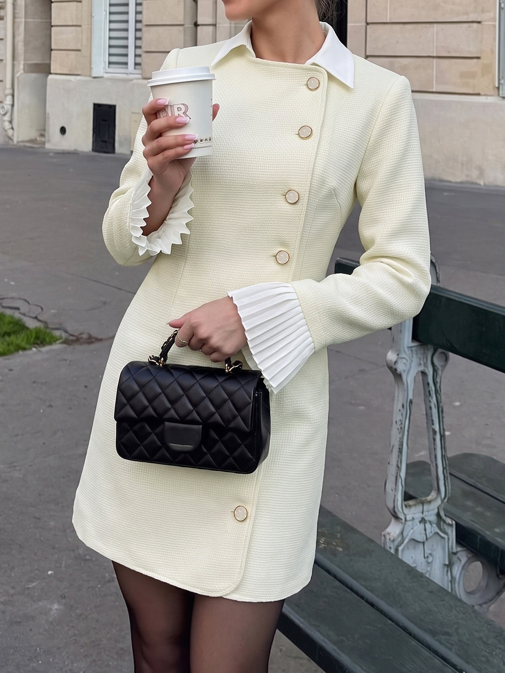 Textured Mini Dress With Contrast Collar - Apricot - 2