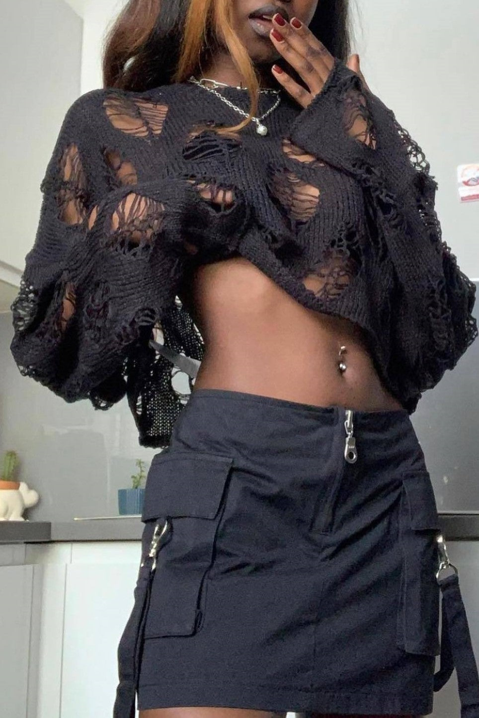 Distressed Open Knit Cropped Sweater - Black - 10