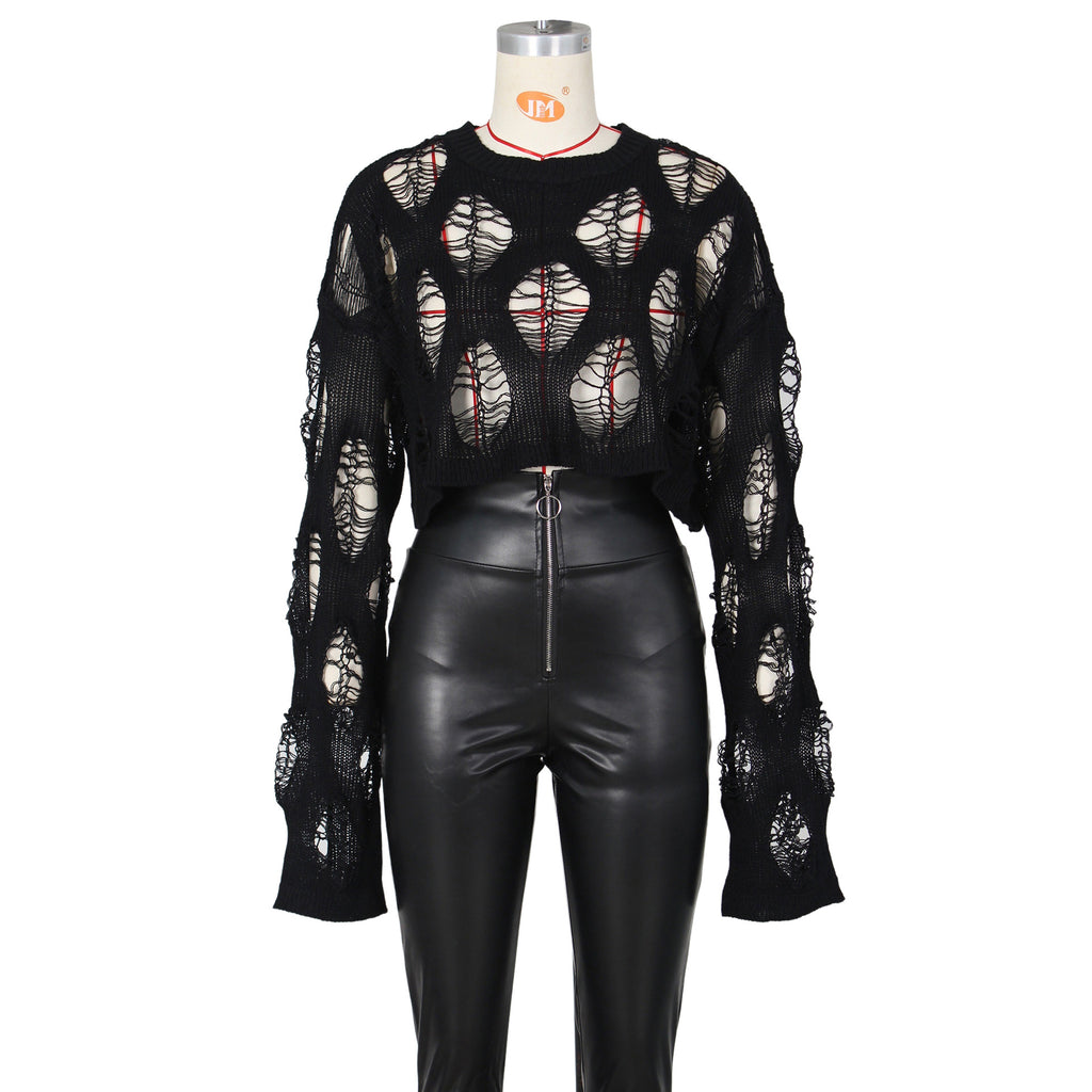 Distressed Open Knit Cropped Sweater - Black - 4