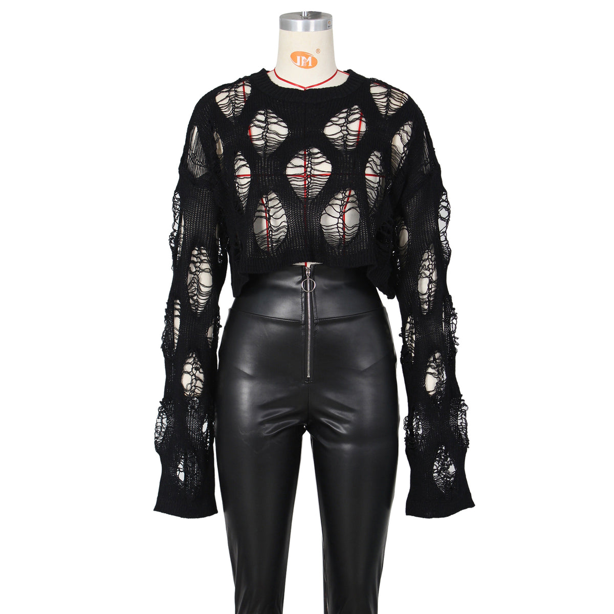 Distressed Open Knit Cropped Sweater - Black - 4