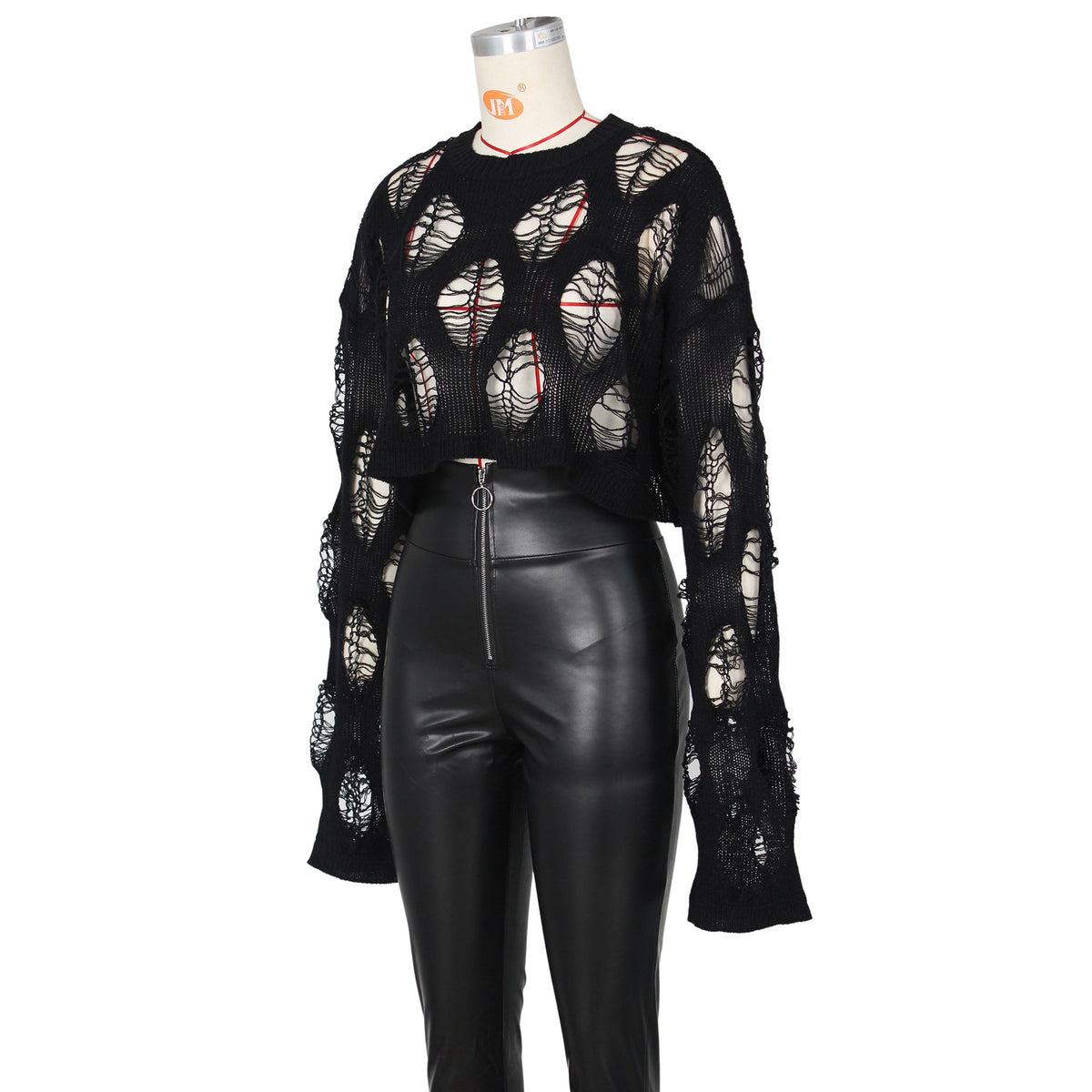 Distressed Open Knit Cropped Sweater - Black - 5